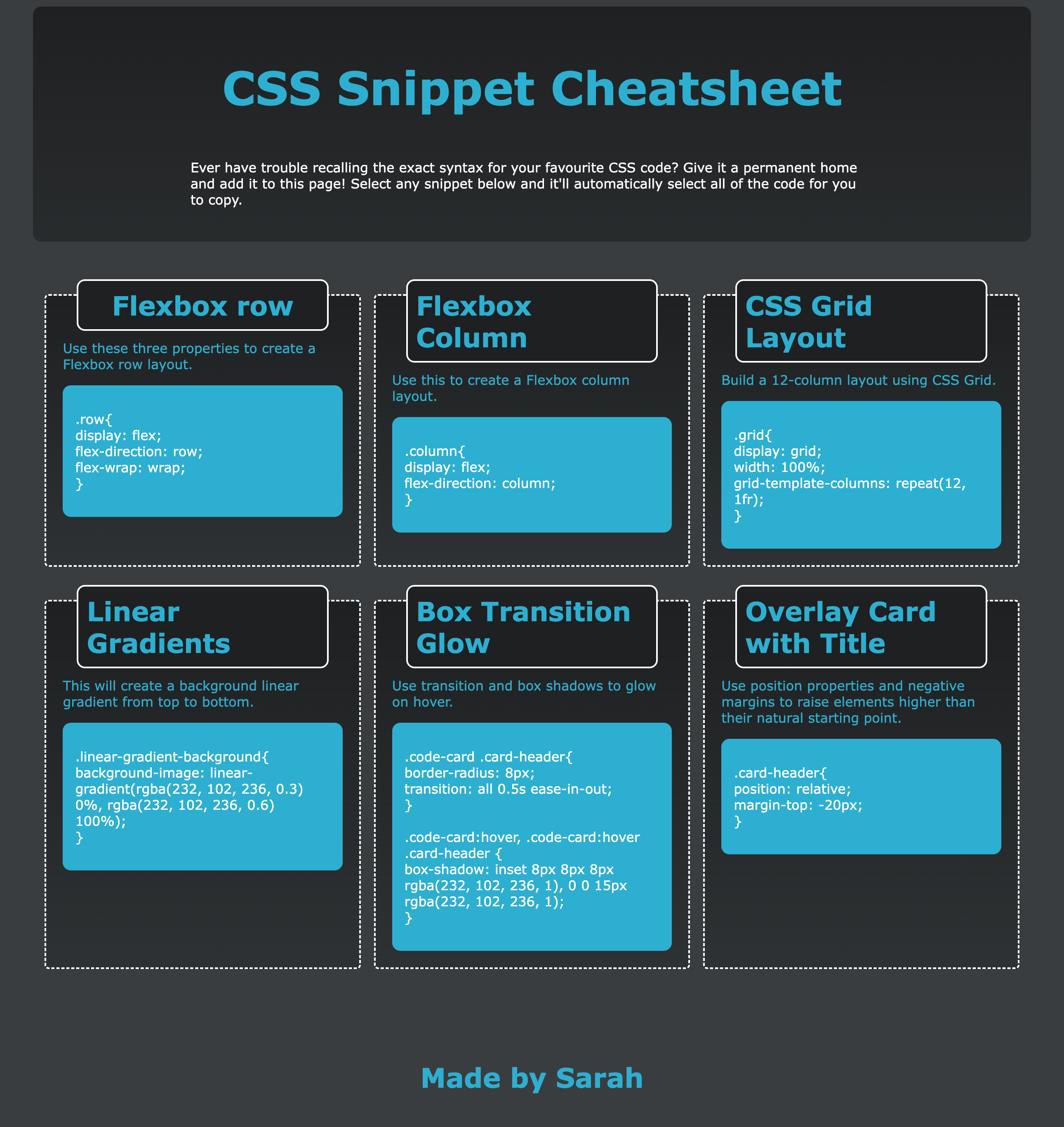 screen grab of the CSS Cheatsheet website with useful pieces of CSS code