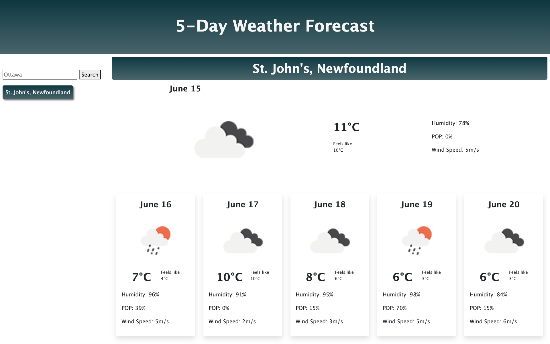 screen grab of the Weather Forecast website with the weather for St. John's, Newfoundland